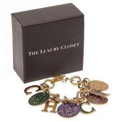 Pre Owned Carolina Herrera CH Multi Color Charm Gold Tone Bracelet