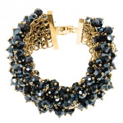 Pre Owned CH Carolina Herrera Blue Beads Gold Tone Bracelet