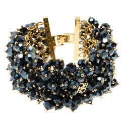 Pre Owned CH Carolina Herrera Blue Beads Gold Tone Bracelet