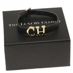 Pre Owned CH Carolina Herrera Logo Brown Leather Bracelet