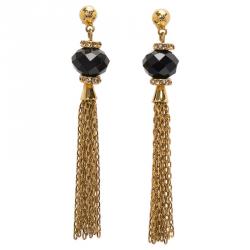 Pre Owned CH Carolina Herrera Black Stone Crystal Gold Tone Long Chain Tassel Earrings