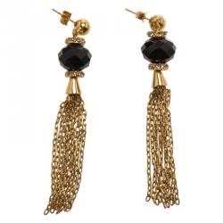Pre Owned CH Carolina Herrera Black Stone Crystal Gold Tone Long Chain Tassel Earrings