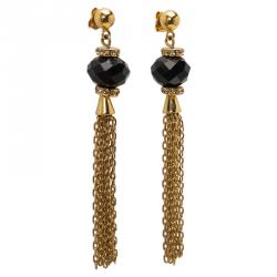 Pre Owned CH Carolina Herrera Black Stone Crystal Gold Tone Long Chain Tassel Earrings