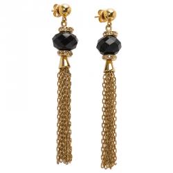Pre Owned CH Carolina Herrera Black Stone Crystal Gold Tone Long Chain Tassel Earrings