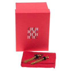 Pre Owned CH Carolina Herrera Black Stone Crystal Gold Tone Long Chain Tassel Earrings