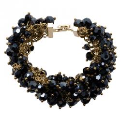 مملوكة مسبقًا CH Carolina Herrera Hematite Faceted Beads Gold Tone Wide Bracelet 19cm