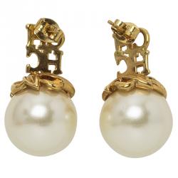 Pre Owned CH Carolina Herrera Logo Pearl Gold Tone Metal Earrings