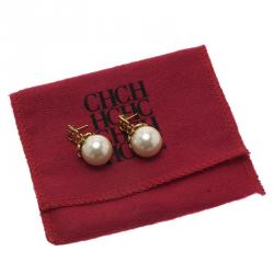 Pre Owned CH Carolina Herrera Logo Pearl Gold Tone Metal Earrings