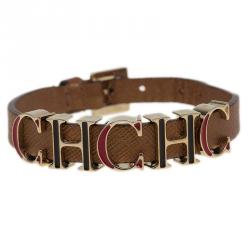 Pre Owned Carolina Herrera Enameled CH Logo Brown Leather Gold Tone Bracelet