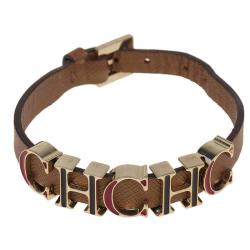 Pre Owned Carolina Herrera Enameled CH Logo Brown Leather Gold Tone Bracelet