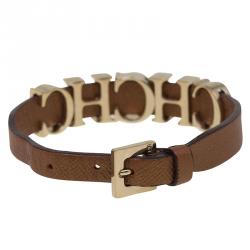 Pre Owned Carolina Herrera Enameled CH Logo Brown Leather Gold Tone Bracelet