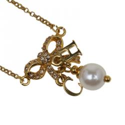 Pre Owned Ch Carolina Herrera Ribbon Drop Crystal Faux Pearl Gold Tone Necklace