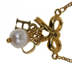 Pre Owned Ch Carolina Herrera Ribbon Drop Crystal Faux Pearl Gold Tone Necklace