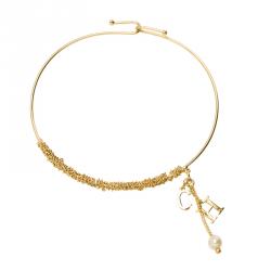 Pre Owned CH Carolina Herrera Logo and Faux Pearl Charm Gold Tone Bracelet 18cm