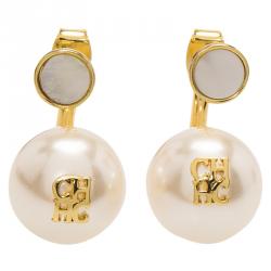 Pre Owned CH Carolina Herrera Faux Pearl Gold Tone Long Post Stud Earrings