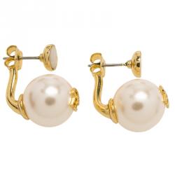 Pre Owned CH Carolina Herrera Faux Pearl Gold Tone Long Post Stud Earrings