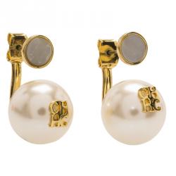 Pre Owned CH Carolina Herrera Faux Pearl Gold Tone Long Post Stud Earrings