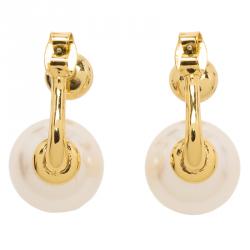 Pre Owned CH Carolina Herrera Faux Pearl Gold Tone Long Post Stud Earrings