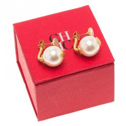Pre Owned CH Carolina Herrera Faux Pearl Gold Tone Long Post Stud Earrings