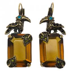 Pre Owned CH Carolina Herrera Orange Crystal & Gold Tone Bird Dangle Earrings