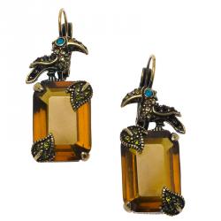 Pre Owned CH Carolina Herrera Orange Crystal & Gold Tone Bird Dangle Earrings