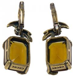 Pre Owned CH Carolina Herrera Orange Crystal & Gold Tone Bird Dangle Earrings