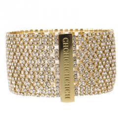 Pre Owned CH Carolina Herrera Crystal Mesh Gold Tone Wide Bracelet 17cm