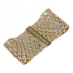 Pre Owned CH Carolina Herrera Crystal Mesh Gold Tone Wide Bracelet 17cm