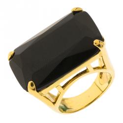 Pre Owned CH Carolina Herrera Opaque Black Faceted Stone Gold Tone Ring Size 55