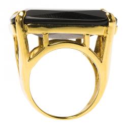 Pre Owned CH Carolina Herrera Opaque Black Faceted Stone Gold Tone Ring Size 55