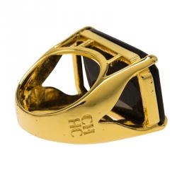 Pre Owned CH Carolina Herrera Opaque Black Faceted Stone Gold Tone Ring Size 55