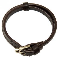 Pre Owned CH Carolina Herrera Logo Brown Double Tour Leather Bracelet