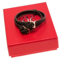Pre Owned CH Carolina Herrera Logo Brown Double Tour Leather Bracelet
