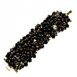 Pre Owned CH Carolina Herrera Black Beads Gold Tone Cuff Bracelet 15.50 cm