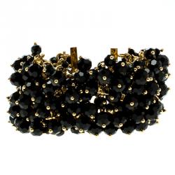 Pre Owned CH Carolina Herrera Black Beads Gold Tone Cuff Bracelet 15.50 cm
