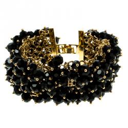Pre Owned CH Carolina Herrera Black Beads Gold Tone Cuff Bracelet 15.50 cm