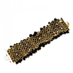 Pre Owned CH Carolina Herrera Black Beads Gold Tone Cuff Bracelet 15.50 cm