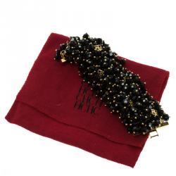 Pre Owned CH Carolina Herrera Black Beads Gold Tone Cuff Bracelet 15.50 cm