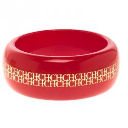 Pre Owned CH Carolina Herrera Red Resin Gold Tone Wide Bangle Bracelet 20cm