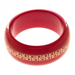 Pre Owned CH Carolina Herrera Red Resin Gold Tone Wide Bangle Bracelet 20cm