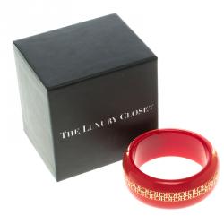 Pre Owned CH Carolina Herrera Red Resin Gold Tone Wide Bangle Bracelet 20cm