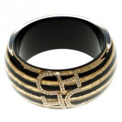 Pre Owned CH Carolina Herrera Gold Tone Inclusion Black Resin Wide Bangle Bracelet