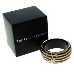 Pre Owned CH Carolina Herrera Gold Tone Inclusion Black Resin Wide Bangle Bracelet
