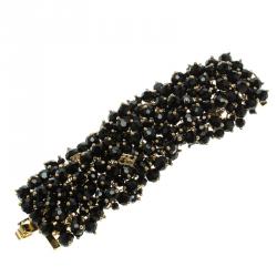 Pre Owned CH Carolina Herrera Black Beads Gold Tone Wide Bracelet 15cm