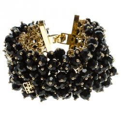 Pre Owned CH Carolina Herrera Black Beads Gold Tone Wide Bracelet 15cm