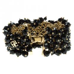 Pre Owned CH Carolina Herrera Black Beads Gold Tone Wide Bracelet 15cm