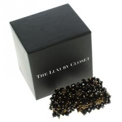 Pre Owned CH Carolina Herrera Black Beads Gold Tone Wide Bracelet 15cm