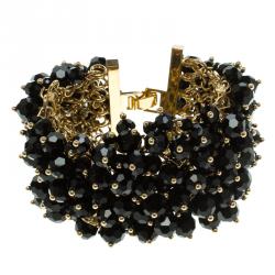 Pre Owned CH Carolina Herrera Black Beads & Gold Tone Wide Bracelet 15cm