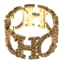 Pre Owned Carolina Herrera Crystal Studded Logo Gold Tone Ring Size 56