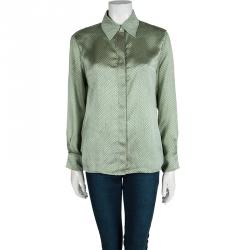 Pre Owned قميص سي أتش كارولينا هيريرا بأزرار أمامية وأكمام طويلة حرير بنقوش الشعار أخضر XL